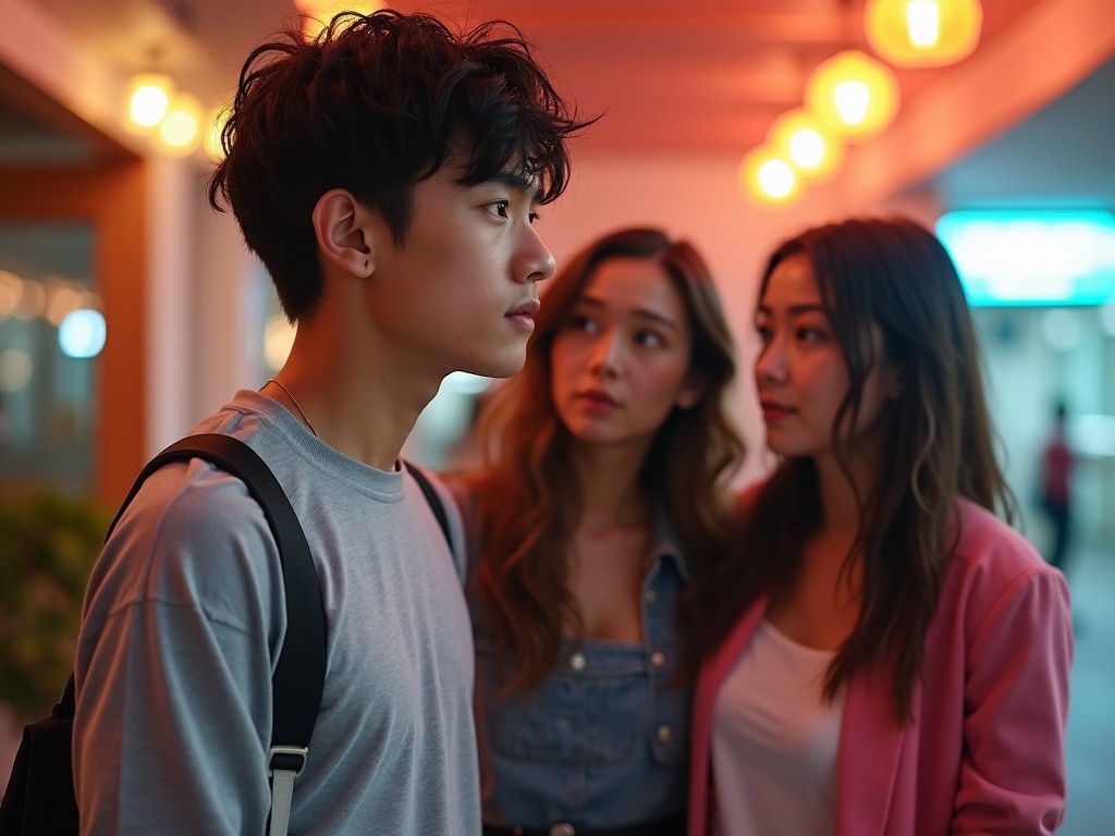 A very aesthetic full-body shot captures a 6'5'' tall guy with black hair. He is wearing a stylish long-sleeve shirt that adds to his handsome appearance. In the background, two girls are staring at him, creating a moment of intrigue. The setting features soft, warm lighting with string lights that enhance the ambiance. This scene conveys a contemporary urban vibe suitable for social media use. The focus is on the visual dynamics between the male and female subjects, capturing a youthful atmosphere.