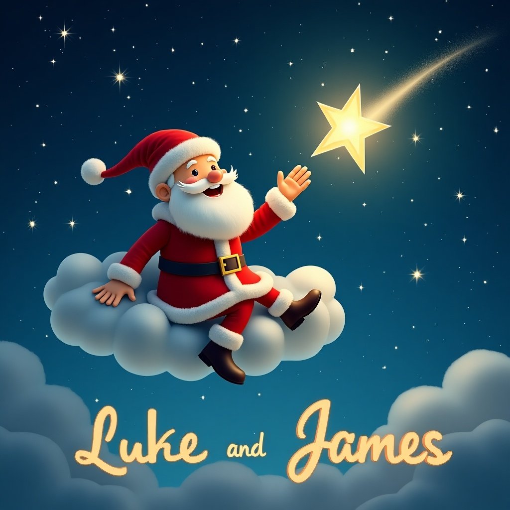 Father Christmas sits on a cloud. A shooting star glows nearby. Names Luke and James are featured prominently.