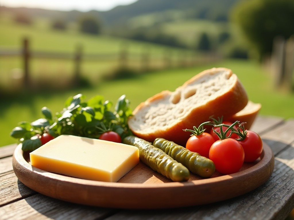 This image showcases a rustic wooden platter filled with delicious food. It features a block of cheese, fresh tomatoes, pickles, and a loaf of bread. The background depicts a lush green landscape with rolling hills. Natural sunlight illuminates the scene, highlighting the colors of the fresh ingredients. It evokes a sense of tranquility and appreciation for simple, wholesome food.