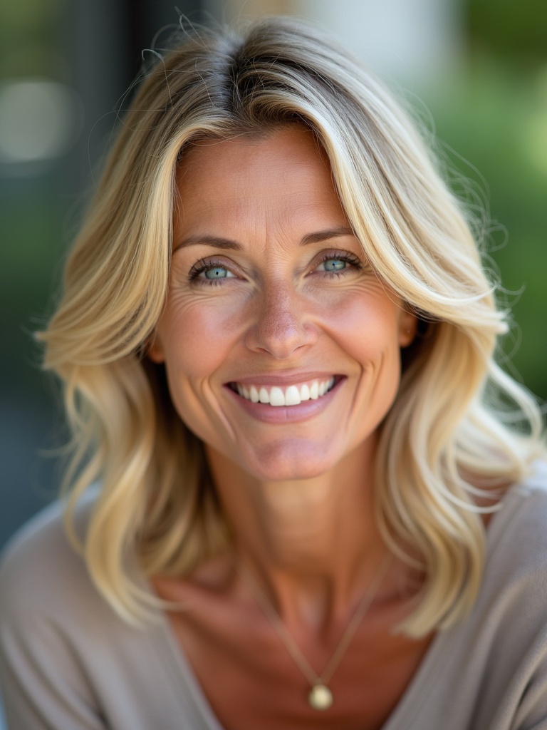 Lifestyle photography depicting a joyful middle aged woman. She has medium skin tone and blue eyes. Her shoulder-length blonde hair is straight with natural waves. The background is softly blurred suggesting an outdoor environment. The image conveys confidence and approachability.