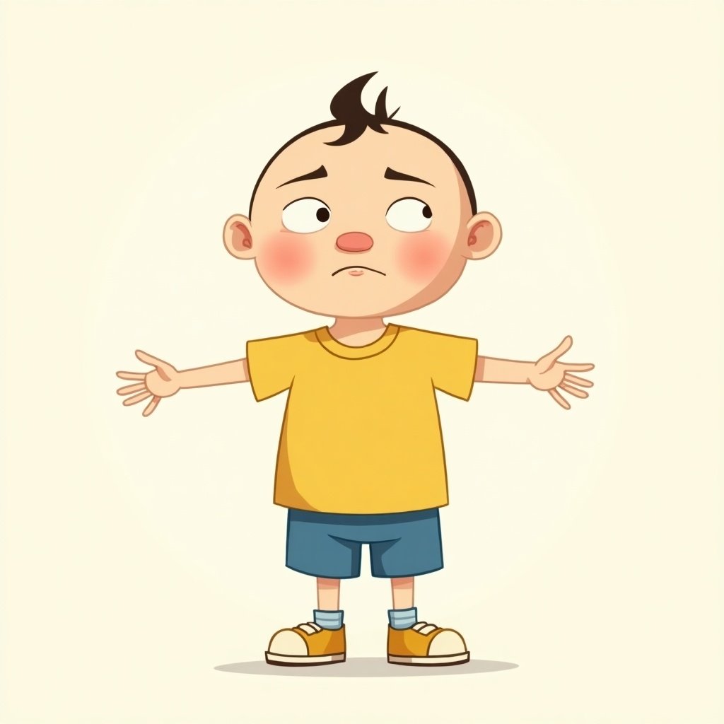 Cartoon character in the style of 'Lolek and Bolek'. Character is a cheerful young boy with minimalistic features. Displayed in a T-pose. Simple facial expressions like happy and sad are included. Wears a yellow shirt and blue shorts with cartoon shoes.