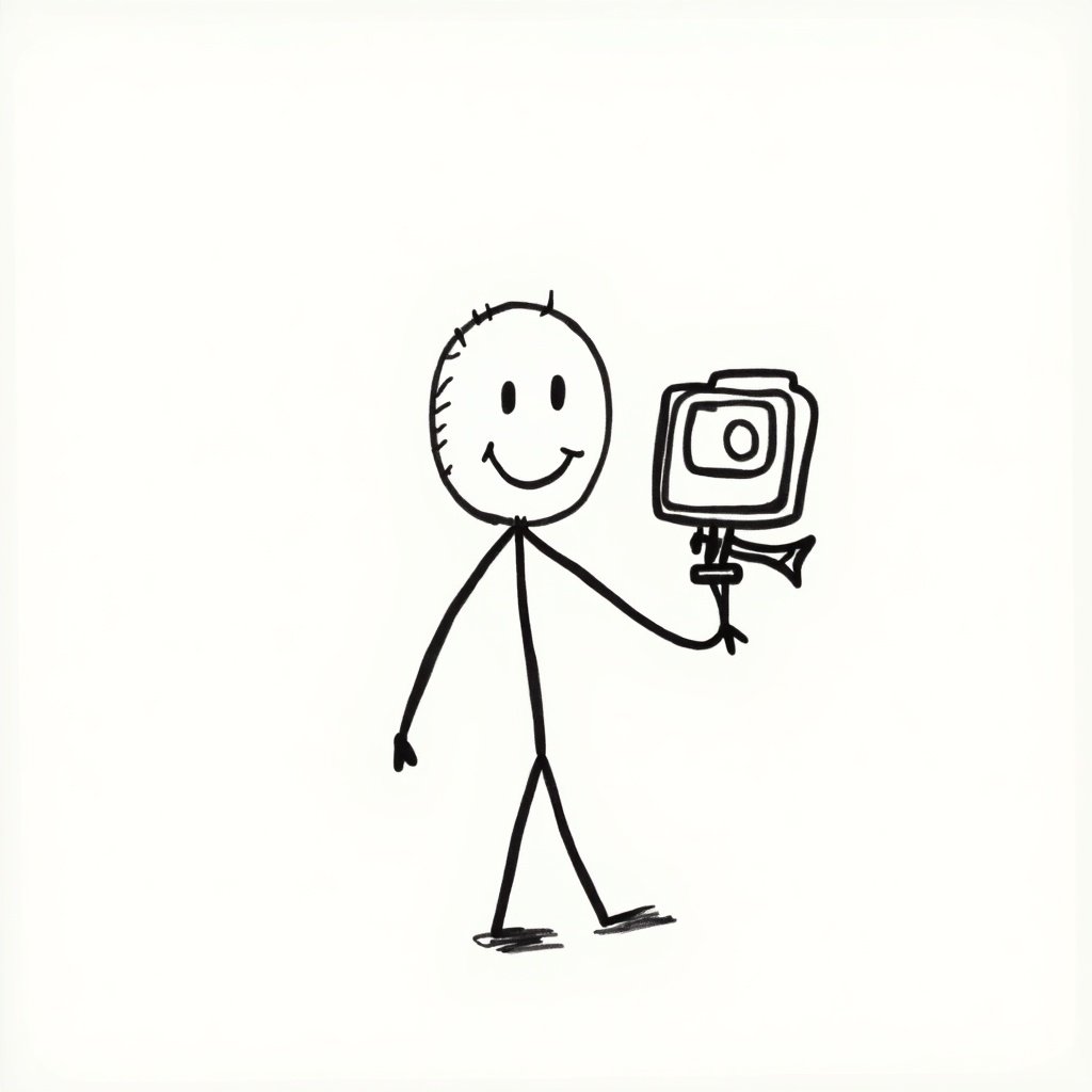 Doodle of a stick figure with a round head. The figure is smiling and holding a GoPro camera. The drawing is simple and monochrome.