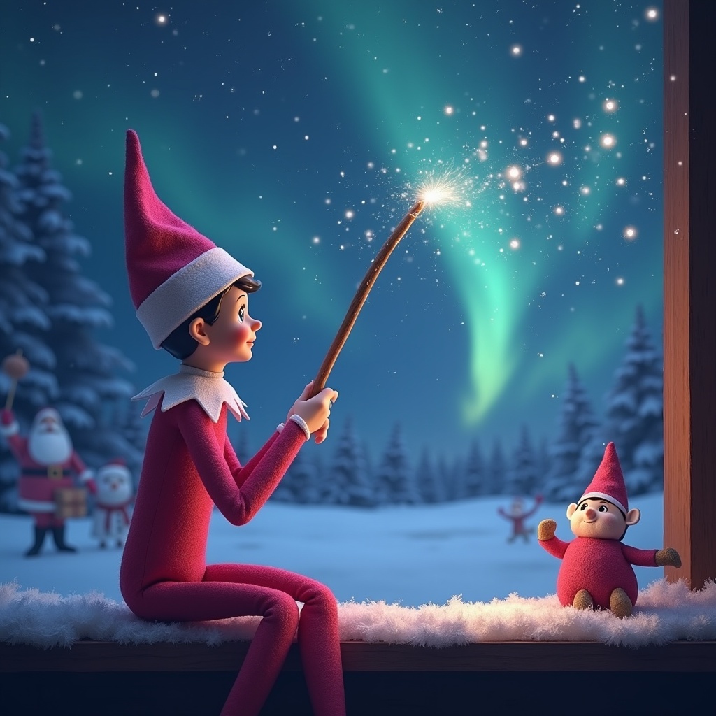 The image features a whimsical scene set during Christmas. A pink elf, resembling those from the classic 'Elf on the Shelf' tradition, is seated with his back to the viewer. He holds a wand, and with it, he writes the name 'Cameron' in the sky, producing a sparkling effect. The backdrop displays a stunning winter landscape illuminated by the Northern Lights, along with Santa in the distance. This enchanting setting is designed to evoke feelings of joy and wonder during the festive season.