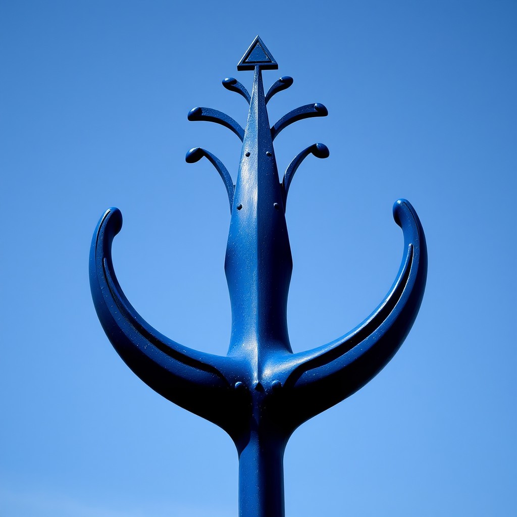 A metallic blue sculpture resembling a treble hook is set against a clear blue sky.