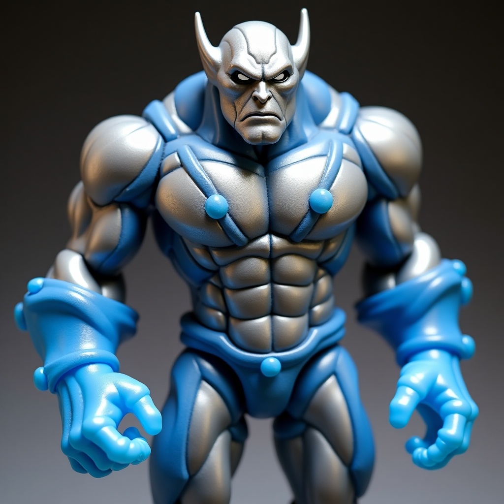 The image shows a unique action figure with a sleek metallic appearance. It features a silver and blue color scheme. The figure has an exaggerated muscular design. Its arms have translucent blue gloves. The character design evokes futuristic themes and is eye-catching.