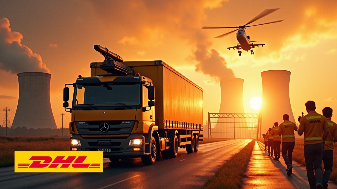 In a dramatic scene, a DHL delivery truck drives up to the entrance gate of a nuclear power plant. The truck features a missile launcher on its roof, emphasizing a sense of urgency and action. Nearby, several DHL delivery personnel, dressed in their iconic yellow uniforms, are visible, some firing rifles, adding tension to the scenario. Above, a DHL cargo helicopter flies, enhancing the scene's intensity against a fiery sunset sky. The bold DHL logo is displayed at the bottom, reinforcing brand visibility in this high-stakes environment.