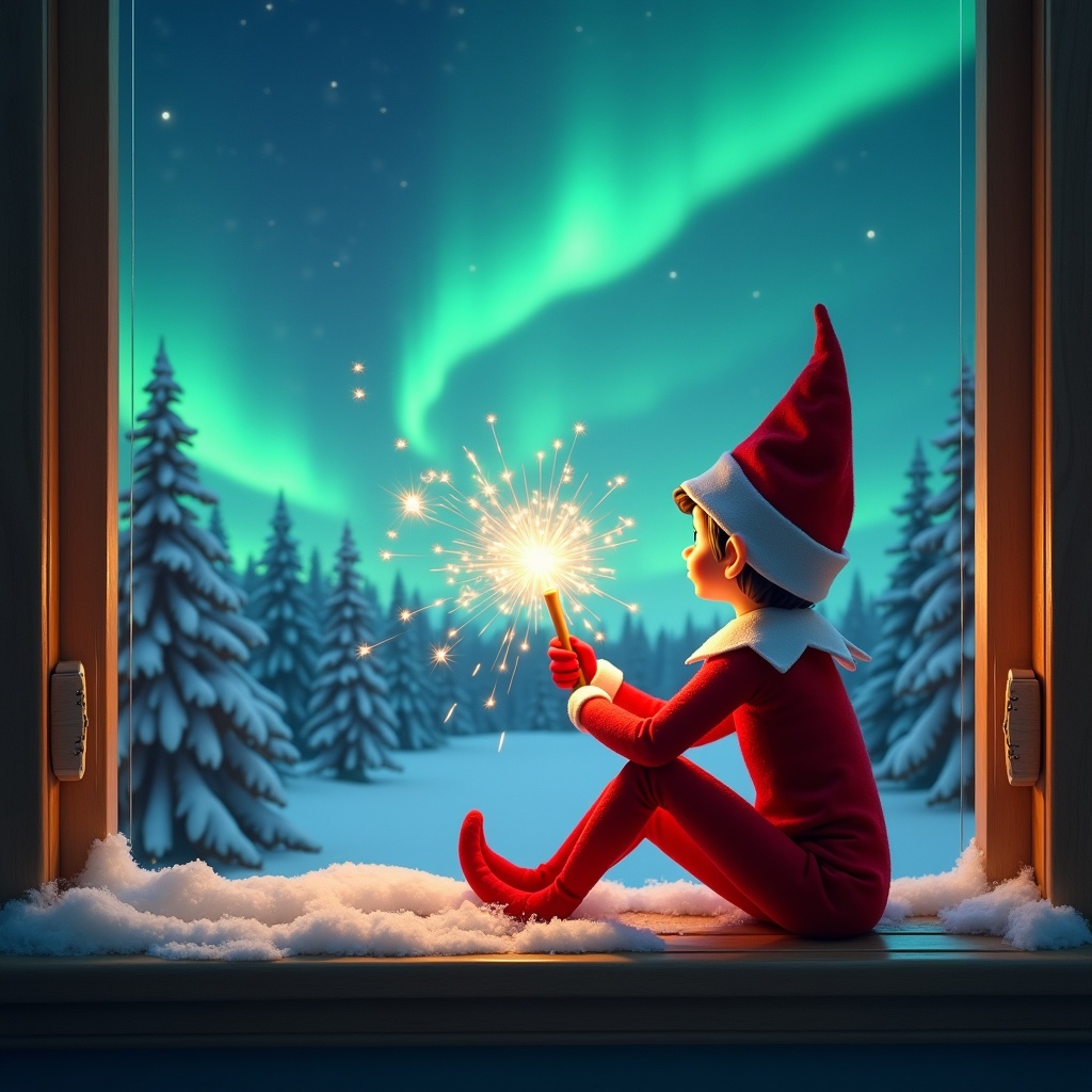 Adorable elf on the shelf sitting on a window ledge. Back turned to viewer, using magical wand to create twinkling sparks. Looking up at stunning display of northern lights. Background is a winter wonderland with snow-covered pine trees. Vibrant red outfit with white trim. Scene illuminated by enchanting colors of aurora borealis, creating magical ambiance.