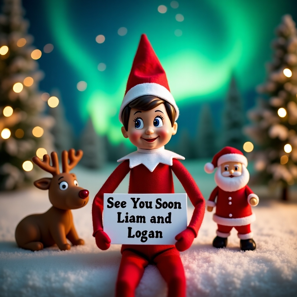 The image showcases a delightful Elf on the Shelf character cheerfully holding a sign that says 'See You Soon Liam and Logan'. The elf is adorned in traditional Christmas colors. A magical background features twinkling lights and snow-covered trees. Northern lights illuminate the sky. A friendly Santa figure stands nearby while a reindeer adds to the charm. The scene conveys a warm and cheerful holiday atmosphere.