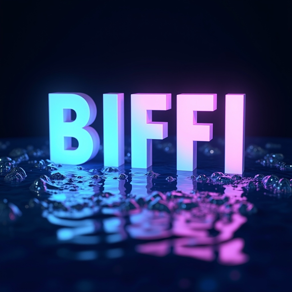 Three-dimensional letters spell 'BIFFI' in a dark fluid. Letters glow in electric blue and deep violet. Partially submerged in water. Bubbles rise around letters. Gentle ripples create immersion. Background has liquid shadow. Symbolizes innovation and introspection.