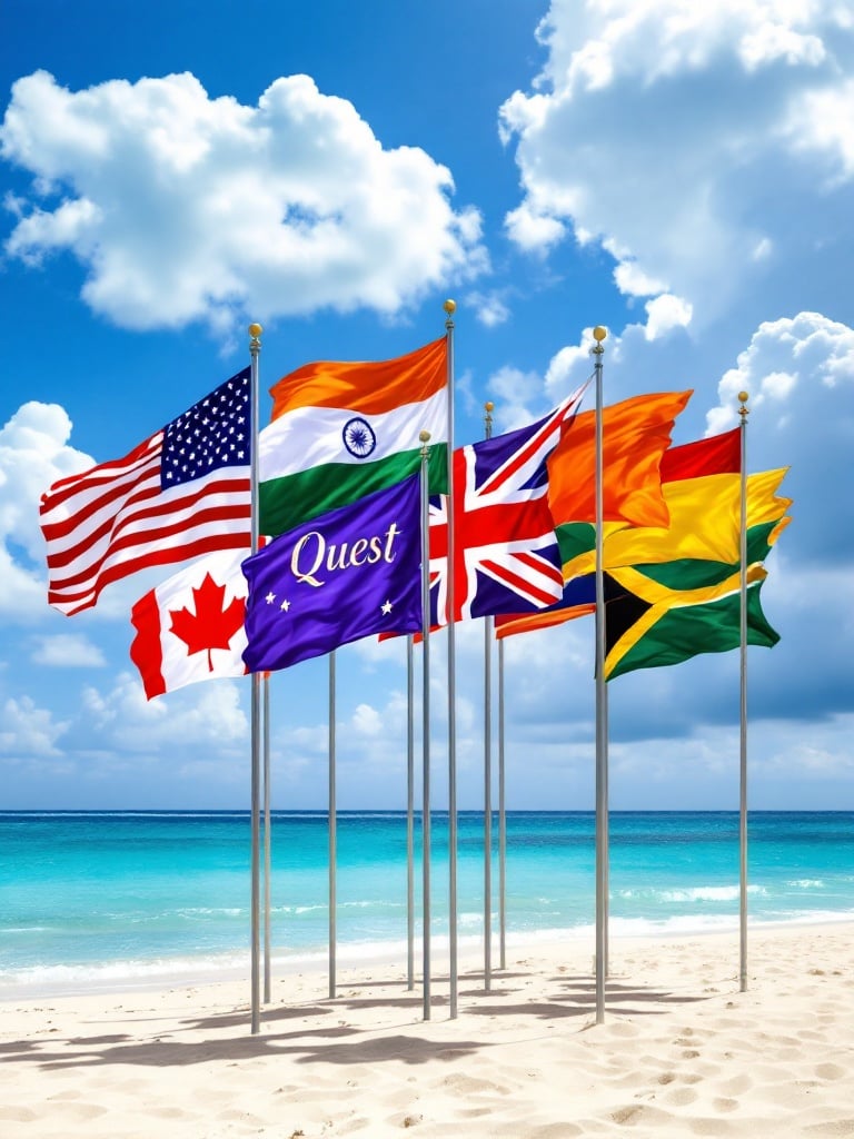 Serene Caribbean beach with golden sand. Eight flags representing different nations flutter. Includes USA, Canada, India, purple Quest flag, Australia, New Zealand, South Africa, Ireland. Clear blue sky meets azure ocean waters.