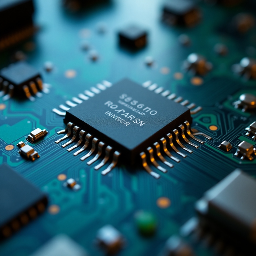 Close-up view of an electronic circuit board. Features microchips and other components prominently.