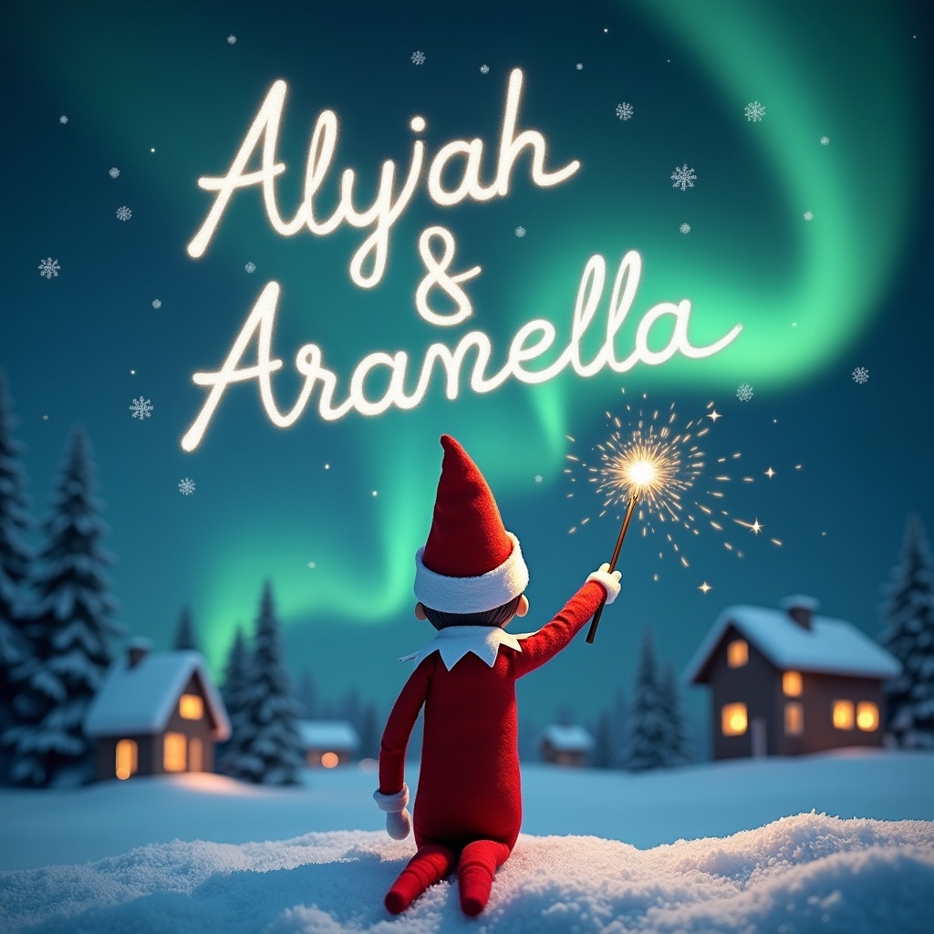 The image depicts an enchanting Christmas scene featuring an elf on the shelf. The elf is positioned with its back to the viewer, gazing upward at the vibrant northern lights. With a magical wand in hand, the elf is elegantly writing the names 'Alyjah & Aranella' in the starry sky. Soft snow blankets the ground, and cozy homes with warm lights are visible in the background. The overall ambiance is festive and whimsical, capturing the essence of holiday magic.