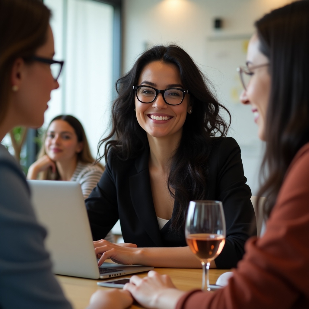 Woman sitting at a table with a laptop and a glass of wine. Meeting room setting. Wavy long black hair, glasses, focused demeanor. Background includes two other women. Inspiring atmosphere, modern design.