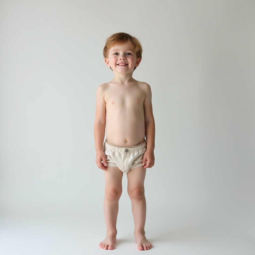 A boy with ivory skin standing barefoot against a light gray background. He is wearing minimal clothing with a natural smile. The lighting is soft and the pose is relaxed. The style is minimalistic and focuses on the boy.