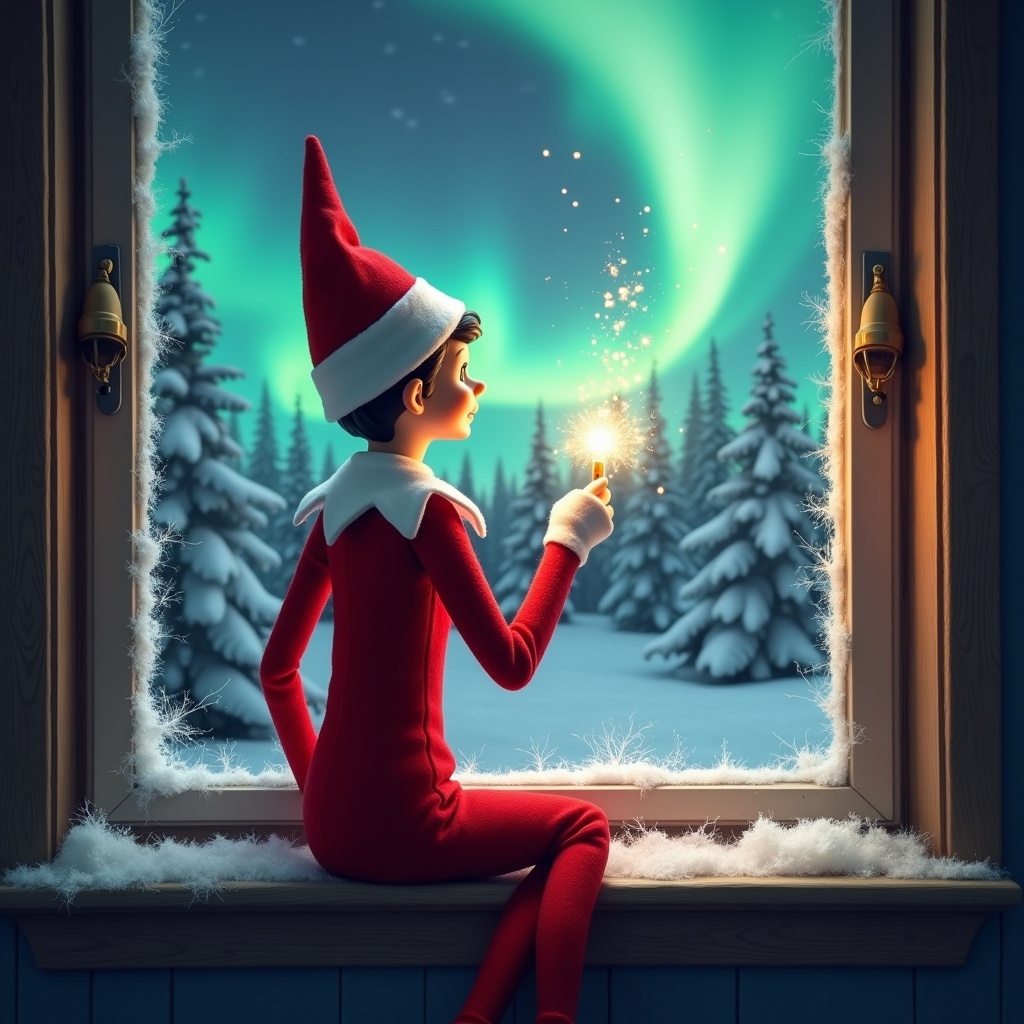 Image features an elf on the shelf sitting on a window ledge. The elf is using a wand to create twinkling sparks. The elf is looking up at the northern lights. The background is a winter wonderland with snow-covered trees. The elf wears a bright red outfit with white trim. The scene has a magical ambiance with enchanting colors.