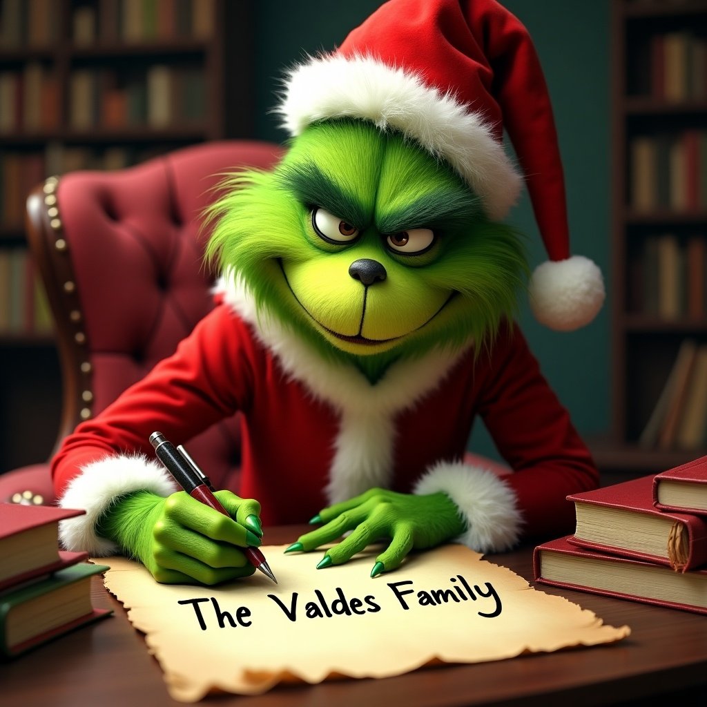 Grinch with green fur in Santa outfit writes name on parchment. Cozy chair and books in the background.