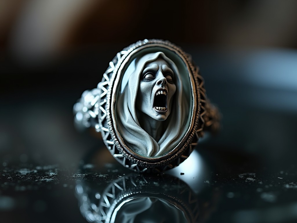 This image showcases an intricately designed ring featuring a gothic, ghostly face. The central figure appears to be screaming, evoking a sense of horror and mystery. The silver tones and detailed engravings give it a vintage, handcrafted feel, while the reflective surface beneath adds an eerie ambiance.