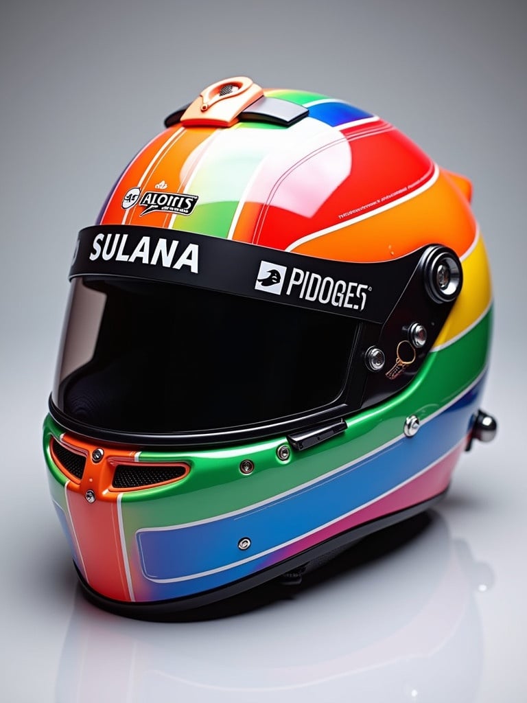 Racing helmet features LGBT Rainbow flag. Design incorporates fluorescent colors. Logo displayed prominently. Sharp line designs enhance aesthetics.