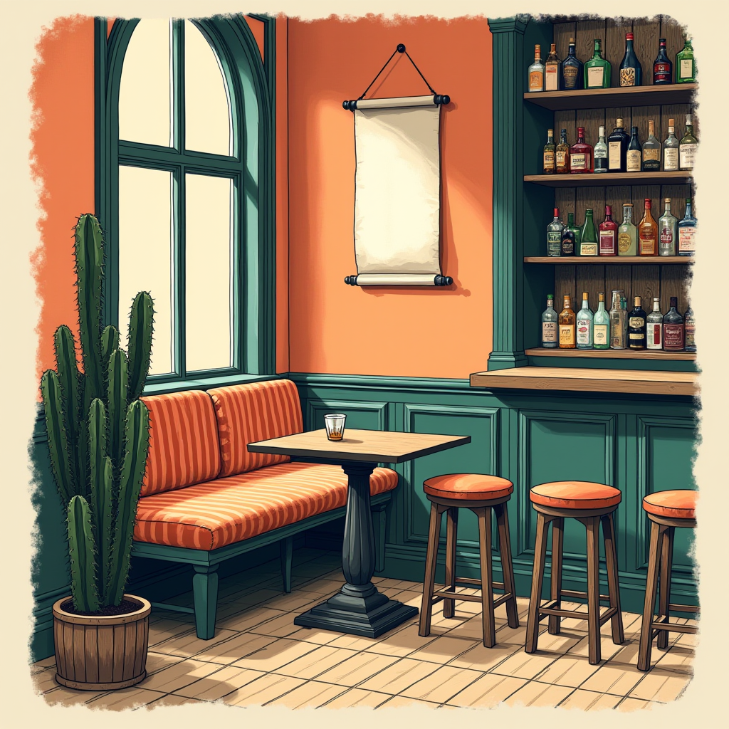 The image depicts a cozy bar interior with a warm and inviting atmosphere. A large window with arched frames allows natural light to flood the space, casting soft shadows. To the left, a tall, healthy cactus in a wooden pot adds a touch of greenery to the setting. A seating area features a striped, orange cushioned bench along with a small wooden table. A single glass of whiskey or a similar dark beverage sits on the table.

The bar area is adorned with wooden paneling painted in a calming green color. Shelves on the right hold an assortment of liquor bottles, suggesting a well-stocked bar. Above the shelves, there's a roll of paper suspended, possibly for displaying notes or a menu. Three wooden bar stools with round, orange seat cushions line the bar, inviting patrons to sit and enjoy a drink.