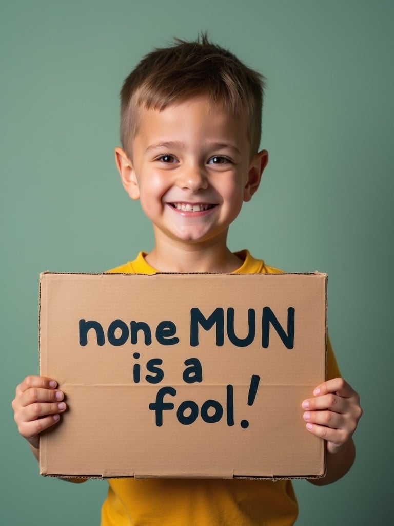 A cute boy holding a cardboard sign. Text reads none MUN is a fool. Boy has a bright smile. Background is a soft green color. He wears a yellow shirt. The expression shows joy and innocence.