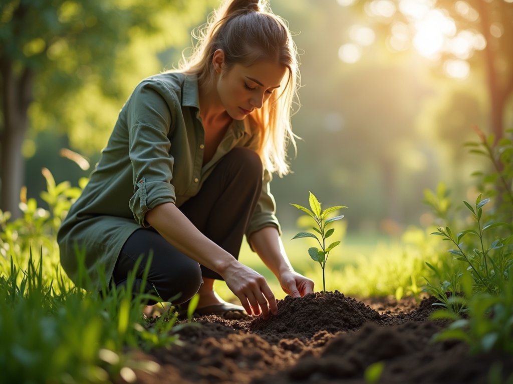 Female entrepreneur plants seed in natural setting. She is focused, wearing eco-friendly attire. The environment is lush with sunlight. The seed symbolizes potential and growth. The atmosphere is warm and inspiring. Textures are realistic with cinematic lighting.