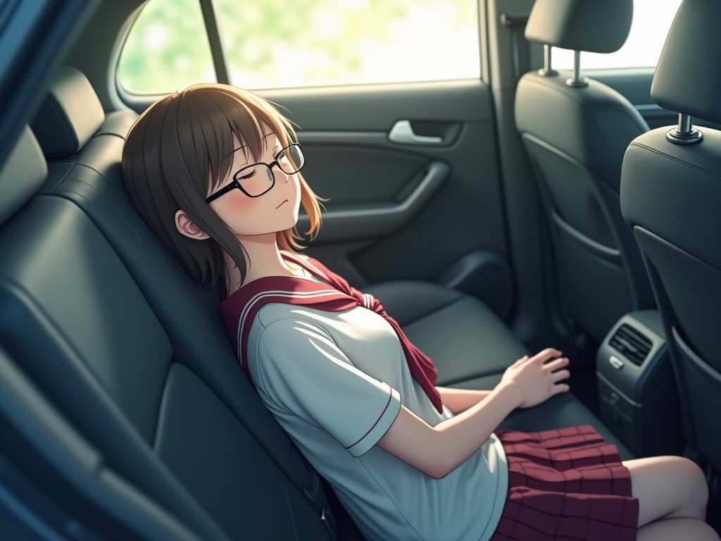 This image depicts a young girl resting peacefully on the back seat of a car. The illustration has a soft, warm lighting that enhances the serene and tranquil atmosphere. Her school uniform and glasses suggest a moment of respite during a day of studies or travel.