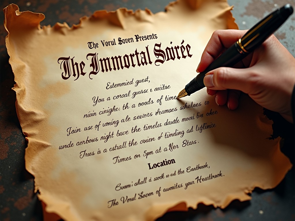 The image features a beautifully textured, aged parchment with irregular edges. A person is seen writing elegantly with a fountain pen, focusing on calligraphy that invites guests to an enchanting event. The text reads: 'The Vorul Soven Presents The Immortal Soirée.' The invitation promises a mystical evening filled with elegance, darkness, and the supernatural. The setting is atmospheric, emphasizing timeless glamour. This artwork captures the essence of a themed gathering, merging elegance with a touch of the mystical.