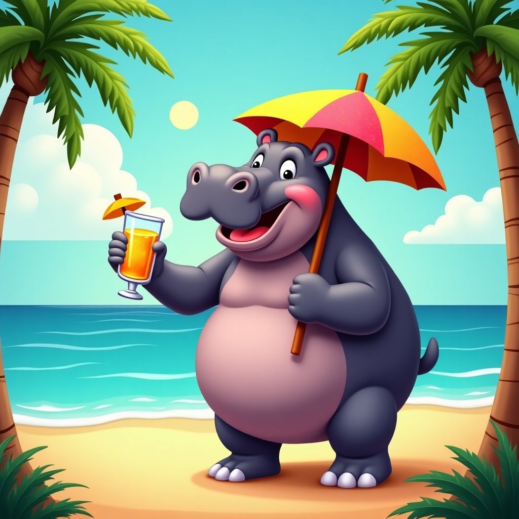 A cartoon hippo is enjoying a drink on a tropical beach. The hippo smiles while holding a cocktail with a small umbrella. Palm trees provide shade. The background includes a sunny sky and ocean waves.