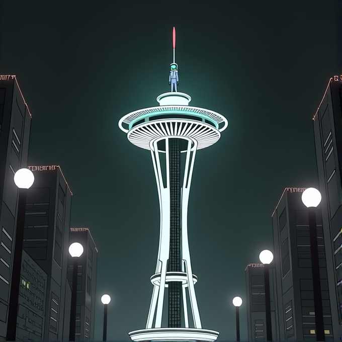 A futuristic scene depicting a person standing atop a glowing, stylized version of the Seattle Space Needle, surrounded by illuminated buildings and streetlights.