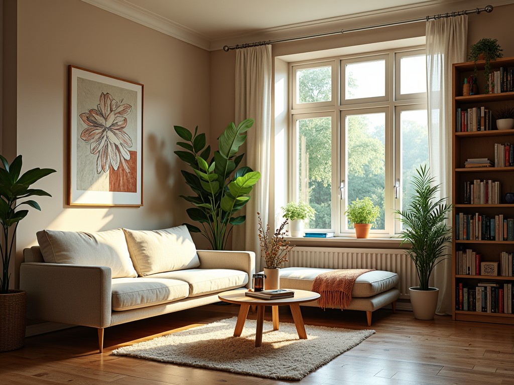 This image portrays a cozy living room basking in natural sunlight. A soft beige sofa and matching ottoman sit on light hardwood flooring, surrounded by vibrant green plants and a wooden bookshelf filled with books. The large window frames a lush outdoor view, while a piece of abstract floral art adds a touch of warmth to the wall.