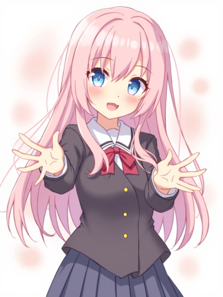 Digital speedpaint of an anime character with long pink hair and blue eyes. Character wears a school uniform. Both hands reach out towards the viewer. Background has soft abstract shapes in pastel colors.