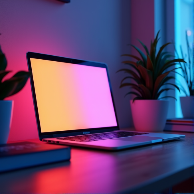 A laptop with a colorful screen is on a wooden desk, surrounded by potted plants.