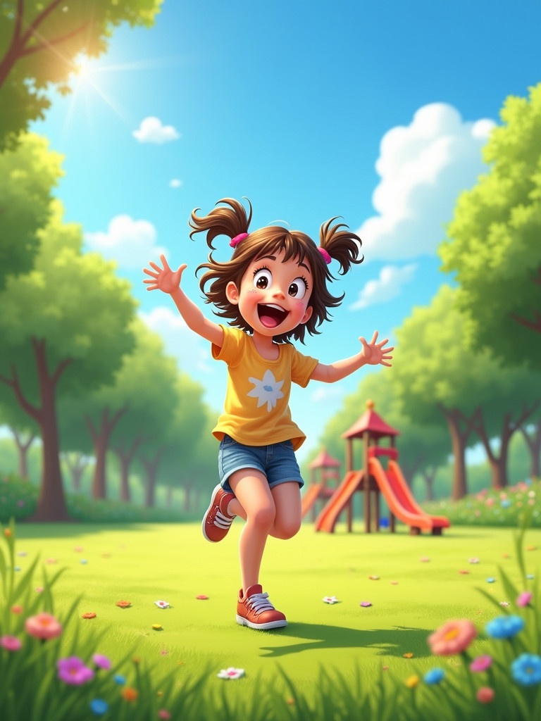 Child running happily in a park. Bright sunshine above. Green trees in background. Colorful flowers scattered in grass. Playground equipment visible.