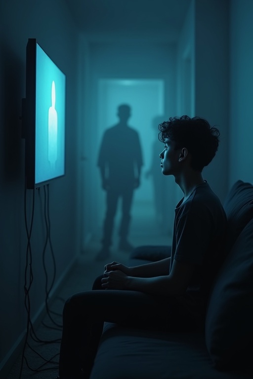 A digital artwork depicts the negative impact of pornography on young minds. A young man sits in a dimly lit room, focused on a glowing screen. His posture is slouched; his expression is tired. Ghostly figures symbolize lost opportunities and fading relationships. The image enhances depth and emotional weight with realistic lighting.