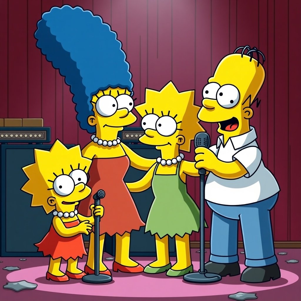 Simpsons characters singing on stage with microphones. Family of four with distinctive hairstyles and clothing. Brightly colored characters captured in a lively scene.