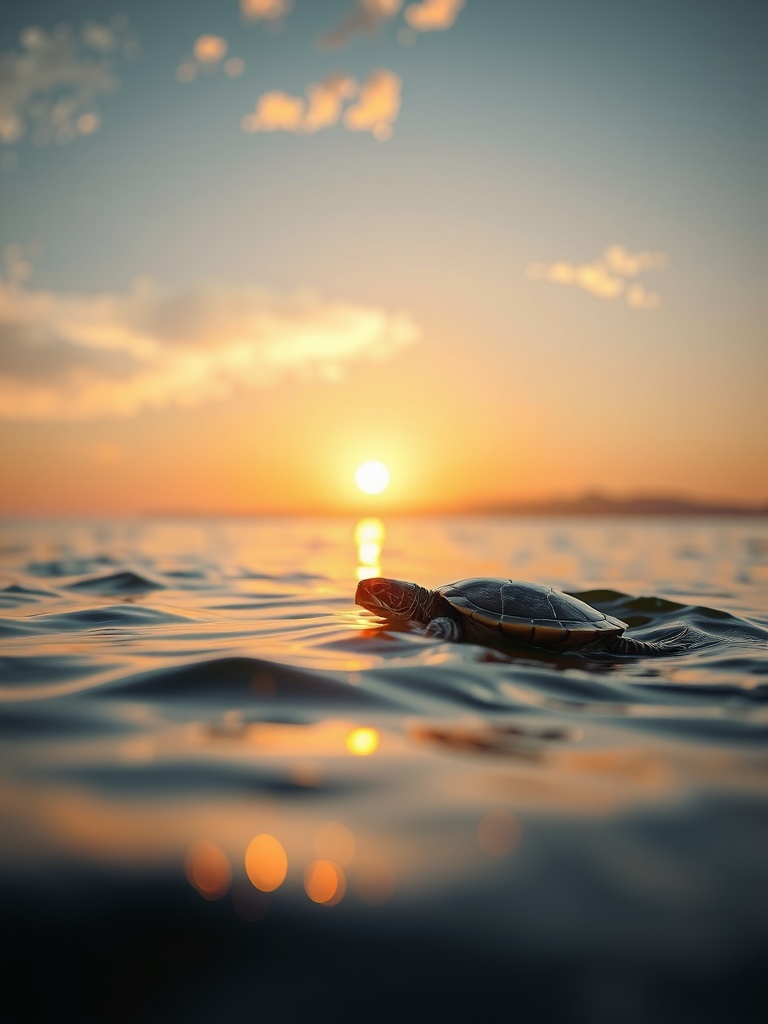 A serene and beautiful scene capturing a turtle swimming calmly across the rippling waters of the ocean at sunset. The sky is a gradient of warm hues, with the sun just above the horizon casting a golden glow over the water. The turtle, silhouetted against the vibrant backdrop, creates a peaceful and reflective atmosphere.