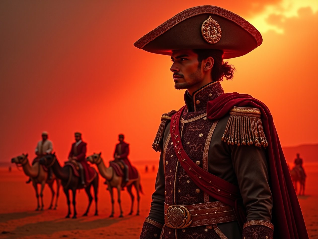 A dramatic portrait of a character dressed in elaborate historical military attire, gazing confidently into the distance. He wears a large, ornate hat adorned with gold details, and his outfit features intricate embroidery and a wide sash around his waist. The setting is a vast, arid landscape filled with distant figures on horseback and camels, suggesting a military campaign. A striking red glow surrounds the character, enhancing the overall intensity of the scene. The lighting accentuates his serious expression and regal posture, creating a powerful and commanding presence.