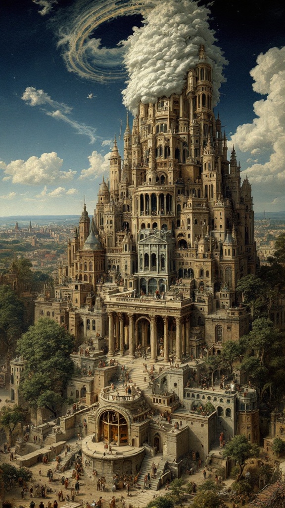 Depiction of a towering structure inspired by mythical imagery. The scene shows grandeur and majestic details. Elements of surrealism and hyperrealism are evident in the architecture. The sky is filled with clouds swirling above the tower. A bustling environment surrounds the base of the tower with people and nature.