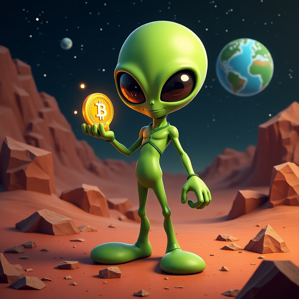 Martian character standing on a rocky surface holding a glowing Bitcoin. Background features planet Earth and stars. The Martian is green with large eyes. Scene is vibrant and colorful.