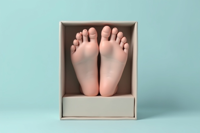 Realistic female feet in a box. Feet appear well-groomed. Background is soft pastel blue.