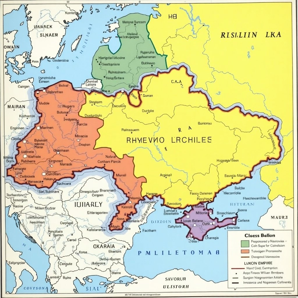 Map depicting Ukraine's territory in the late 19th century. Divided by color between Russian and Austro-Hungarian Empires. Key cities labeled.