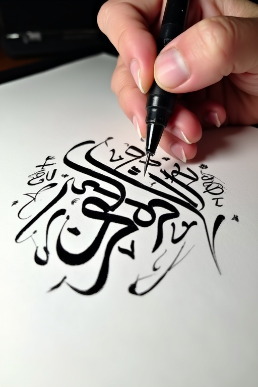 Hand writes beautiful Arabic calligraphy with a pen. Bold black ink flows on white paper. Steady hand focused on letters. Surrounding designs complement calligraphy. Soft light highlights strokes. Words 'sayf alshams' are created.