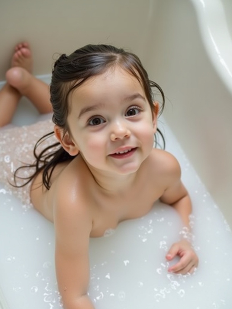 A 5-year-old girl is lying on her back bathing in the tub. She enjoys the water and is surrounded by bubbles. The setting is peaceful and inviting.