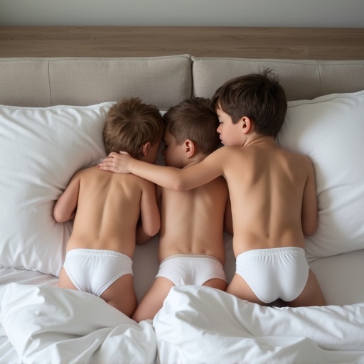 Three boys in white underwear are cuddling on a king size bed. Soft and cozy scene showing warmth and innocence.