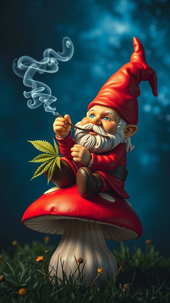 A cheerful gnome smoking a pipe, reclining on a giant red mushroom with a cannabis leaf.