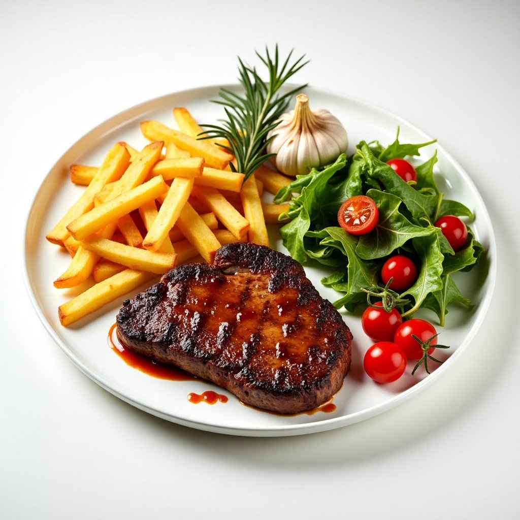 A beautifully arranged dish on a white ceramic plate. It features a perfectly cooked steak (bife de chorizo) with a golden crust, drizzled with a glossy red wine sauce. Beside the steak, crispy homemade fries are neatly piled and seasoned. On another section of the plate, there is a fresh salad with green lettuce, arugula, and vibrant cherry tomatoes, lightly dressed. The dish is garnished with a roasted garlic head and a sprig of rosemary. The background is minimal, enhancing the presentation of the food.