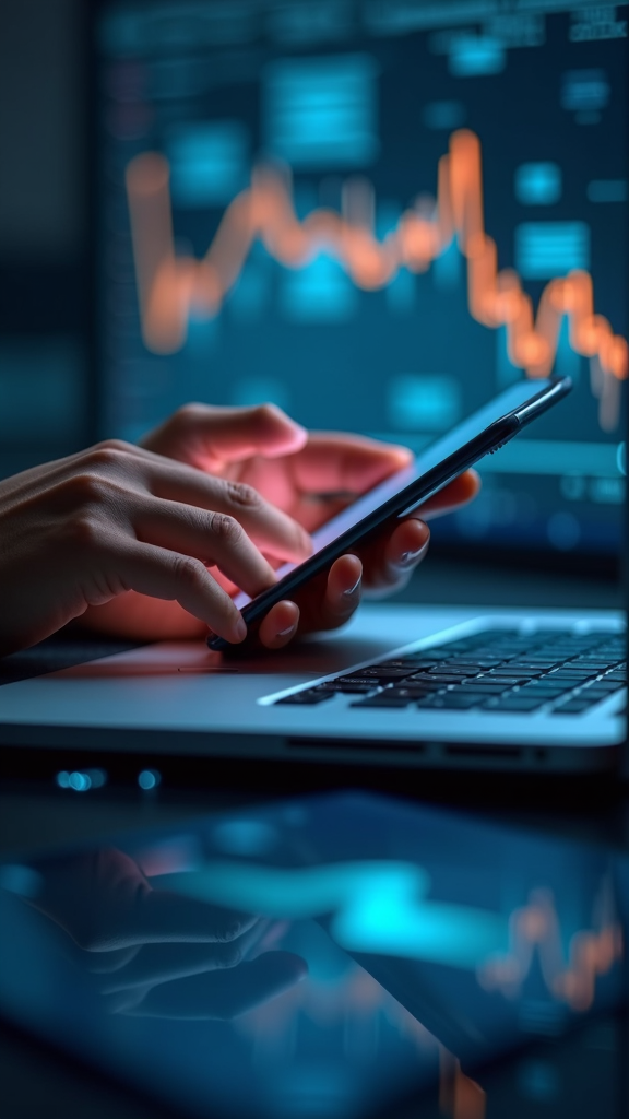 A person interacts with a smartphone near a laptop, with financial charts displayed on a screen in the background.