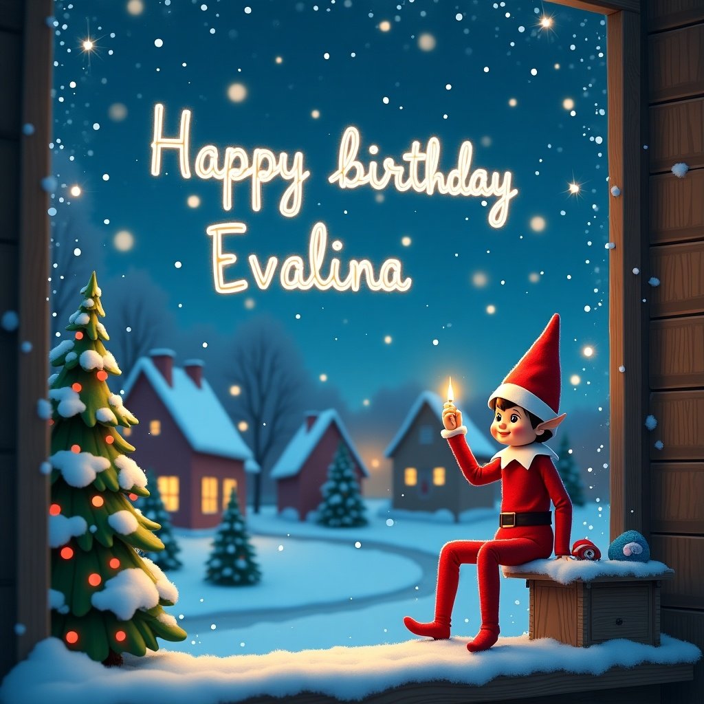 Elf on shelf writes happy birthday Evalina in the sky during snowy Christmas night. Christmas trees and houses are in the background. Cheerful environment is depicted.