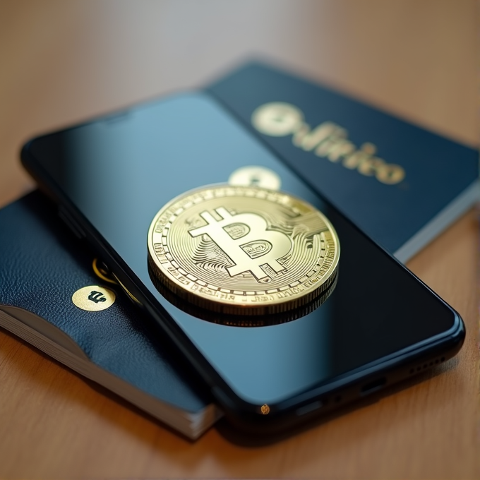 A shiny Bitcoin coin is placed on a smartphone beside two blue notebooks.