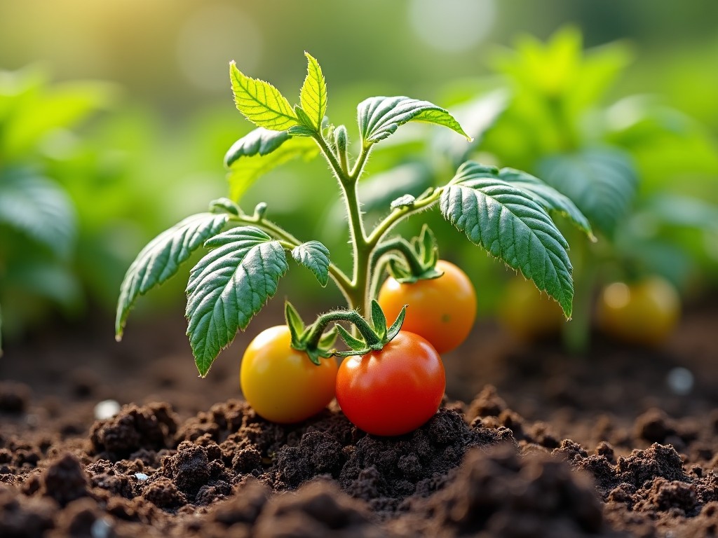 Close-up of young tomato plant with ripe tomatoes growing in a garden, vibrant colors and natural light.